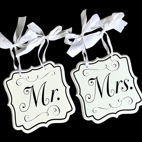 Mr. & Mrs. Wooden Chair Signs for Wedding Reception or Party - White Black - Picture 1 of 7